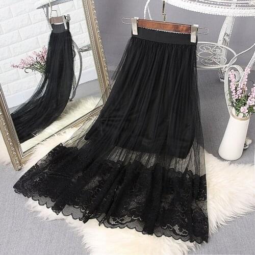 Large Size Summer A Line Skirt Women New Lace Girl High Waist Slim Long Skirts Young Female Falda Lace Skirt Women