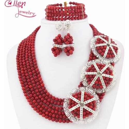 Silver Tone African Nigerian Wedding Coral Beads Jewelry Sets,Coral Necklace Bracelet Earrings Set,Bridal Party Necklace TL1500