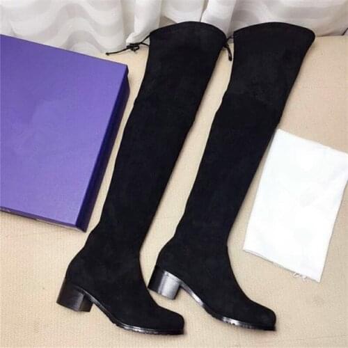 Womens Sexy Over-the-knee Boots Winter Black Genuine Leather Flat Thigh High Mature Round Toe Solid Color Cool Motorcycle Boots
