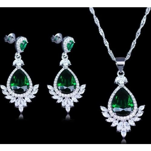 Best Christmas Gift Elegant Green Stone Zircon Womens Silver Color Jewelry Sets Drop Earrings/Pendant/Necklace Set
