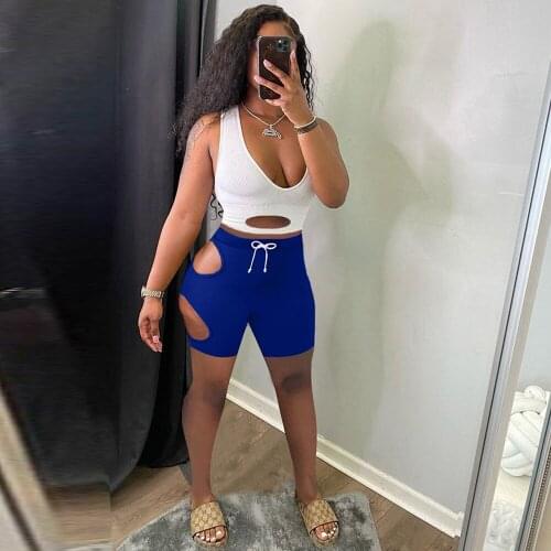 Hollow Out Fitness Women Two Piece Sport Suit Sexy Deep V Neck Sleeveless Tank Top and Drawstring Biker Short Loungewear Outfit