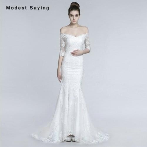 Sexy Ivory Mermaid Off Shoulder 3/4 Sleeve Lace Wedding Dresses 2017 Formal Women Bridal Gowns vestido de noiva Custom Made