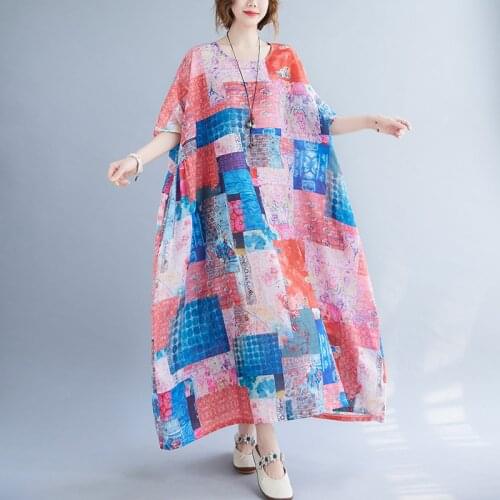 Batwing Sleeve Soft Ramie Loose Summer Dress 2021 New Arrival Print Floral Vintage Women Dress Holiday Travel Casual Beach Dress