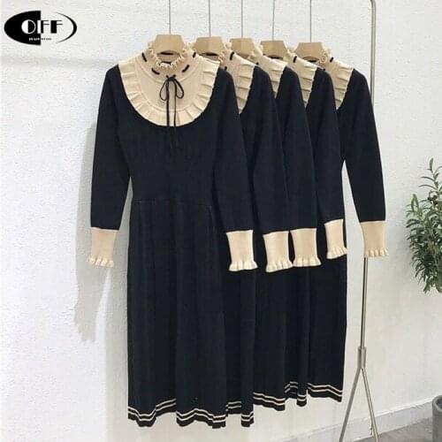 Elegant knitted midi-long dresses for women patchwork ruched Preppy style autumn spring casual knitting dress Robe high quality