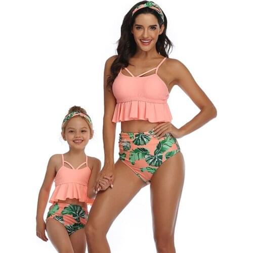 2021 Kid Girl Swimming Clothes Triangle String Baiting Suit Flounce Parent Child Bikini Covered Body Swimwear Mom and Kid Beach