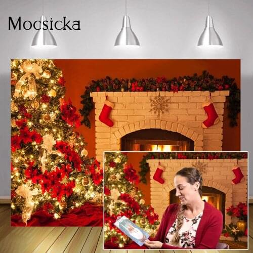 Brick Fireplace Photo Background Glitter Christmas Trees Red Socks Winter Cake Smash Backdrop Warm Light Winter Birthday Photo