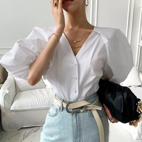 Lantern Sleeve V-neck Button Shirt Top