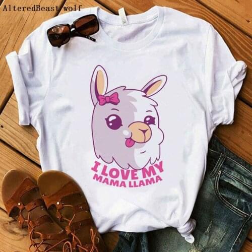 I Love My Mama Llama T-Shirts Women clothes christmas Llama t shirt femme printed kawaii white Tops women cartoon llama tshirt