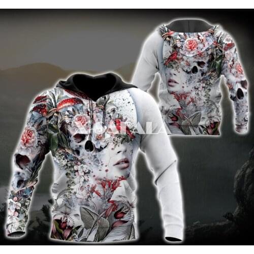 Tattoo Skull Flower 3D Full Print Size Hoodie Man Women Harajuku Outwear Zipper Pullover Sweatshirt Unisex-3