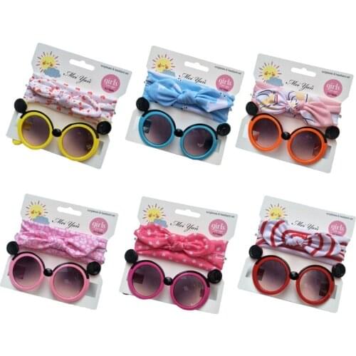 J60B 2 Pcs/Set Anti-UV Cartoon Glasses Knotted Bow Printing Headband Children Baby Sunglasses Hair Band Kit Kids Photo Props