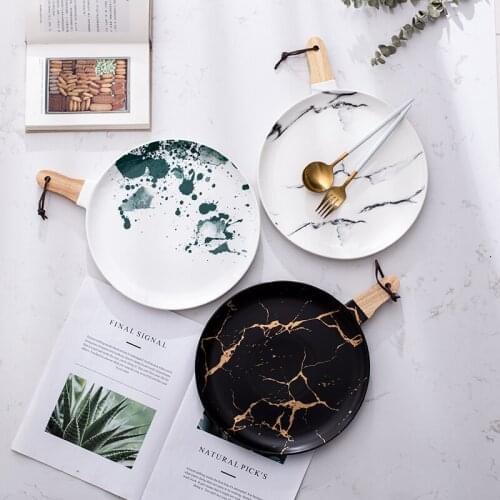 Ceramic tableware pizza plate hand-painted western steak plate ink painting Dinner Set dessert bread plate wooden handle tray