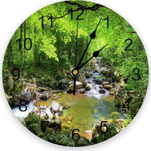 Green Forest River Rock Round Wall Clock Creative Home Decor Living Room Quartz Needle Wall Clocks Hanging Watch