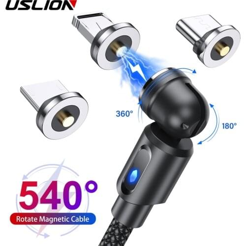 USLION 540 Degree Roating Magnetic Cable Micro USB Type C Phone Cable For iPhone 12 11 Pro Samsung Xiaomi USB Wire Cord Cable