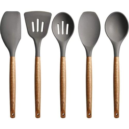 Set of 5 Silicone Cookware Set, Wooden Handle Spatula, Spoon Brush, Non Stick Cookware, Kitchen Utensils