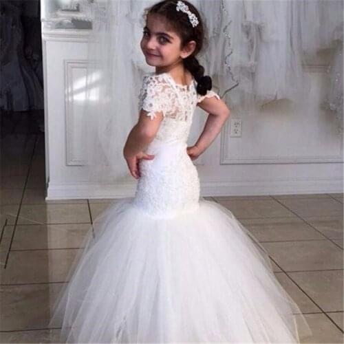 New White/Ivory Flower Girl Dresses Spaghetti Straps Lace Appliqued Mermaid Little Girls Wedding Party Communion Gown