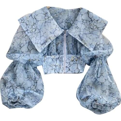 Spring and Autumn New Womens Design Sense Retro Shirt Niche Puff Sleeve Big Lapel Short Zipper Fashion Top