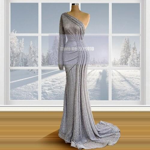 New Silver One Shoulder Mermaid Evening Dress Floor-Length Long Sleeves Vestido de festa Prom Dress Celebrity Dress 2020 Dubai