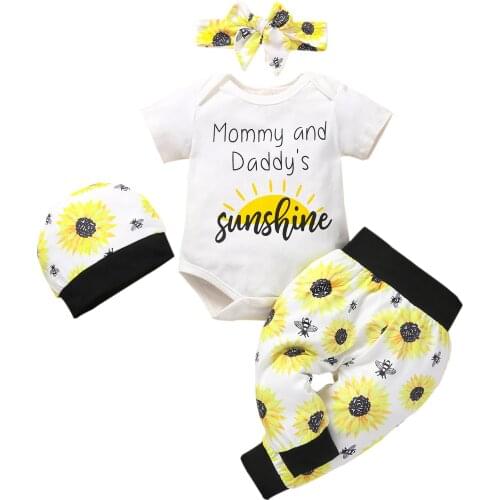 Newborn Short Sleeve Romper + Shorts + Bow Headband + Hat, Bee Sunflower Print Elastic Waist Summer Clothing