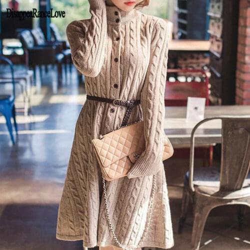 Autumn Winter Knit Long Dress Women Casual V Neck Slim Bodycon Sweater Dresses Office Lady Korean Style Button Dress With Belt