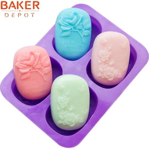 BAKER DEPOT rose silicone mold for soap 4 hole handmade soap resin gypsum tool DIY Vanlentines Day cake pudding pastry bakeware