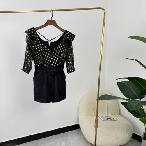 Summer High Street Metallic Shining Short Sleeve Ladies Fashion Style Black Playsuits Rompers