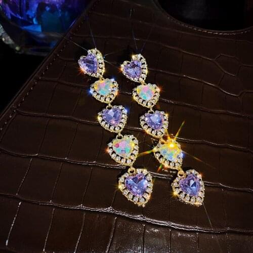 New Korean Shiny Crystal Colorful Flower Heart Long Earrings For Ladies Long Tassel Earrings Pendientes Jewelry Gifts