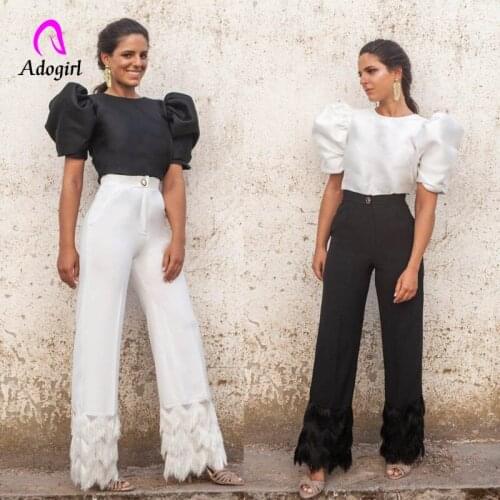 Elegant Women 2 Piece Set Office Lady White Puff Sleeve Top and Straight Pants Work Wear Two Piece Matching Set Autumn Outfits