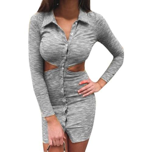 2021 New Women Button-down Sheath Dress Adults Solid Color Long Sleeve Lapel Cutout Fashion Style