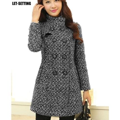 Female tide plaid blends elegant slim turtleneck tweed outerwear autumn winter woolen long coat M,L,XL,XXL,brown,white,black