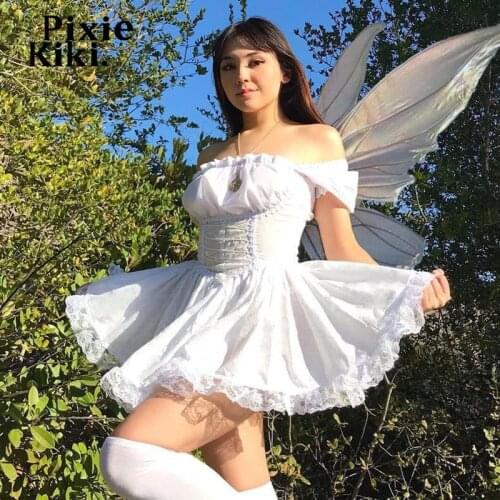 PixieKiki Fairy Grunge Lolita Dresses for Women 2021 Vintage Lace Trim Puff Sleeve Mini Dress Black White Kawaii Clothes P80EB32