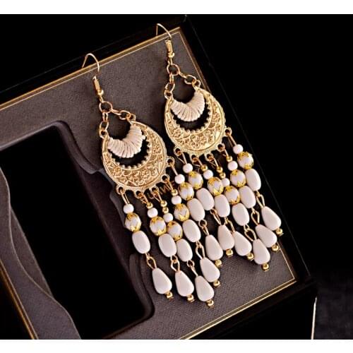 2020 Vintage Ethnic Bohemian White Beads Jhumka Earrings Geometric Metal Tassel Indian Earrings Tibetan Jewelry