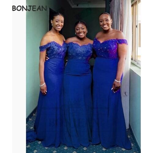 2021 Royal Blue Bridesmaid Dresses Mermaid Off-The-Shoulder Elastic Satin South African Lace Up Black Girls Bridesmaid Dress