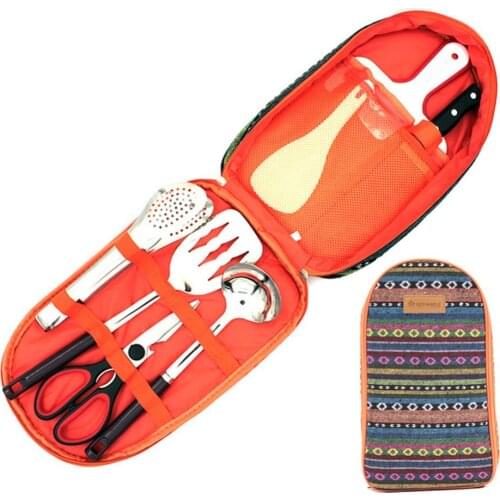 Stainless Steel Outdoor Camping Barbecue Portable Cookware 8pcs Set Camping Fried Shovel/rice Spoon/clip with Storage Bag