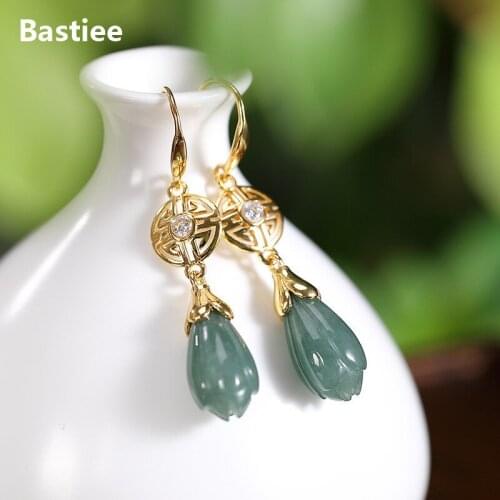 Bastiee Vintage Emerald 925 Sterling Silver Earrings For Women Luxury Jewelry Chinese Drop Dangle Earing Jade Flower Gold Plated