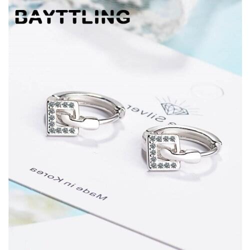 BAYTTLING 925 Sterling Silver 14MM Fine Square Shiny Zircon Hoop Earrings For Woman Fashion Glamour Party Jewelry Gift