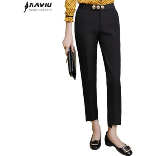 Fashion Women High Quality Pants Formal Spring New Office Ladies Slim Mid Waist Pencil Black Trousers