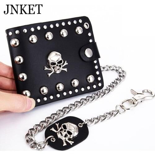 JNKET Punk Mens Rivet Chain Skull Wallet PU Leather Purse Billfold Money Clip Folding Clutch Wallet Detachable Metal Chain