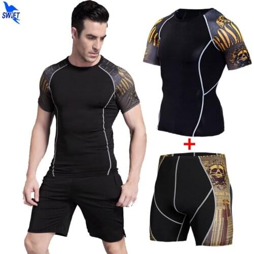 Summer Short Sleeve Mens Compression Sports Suit Quick Dry Gym Fitness Training Kit MMA Rashguard Sportswear Jogging Running Set
