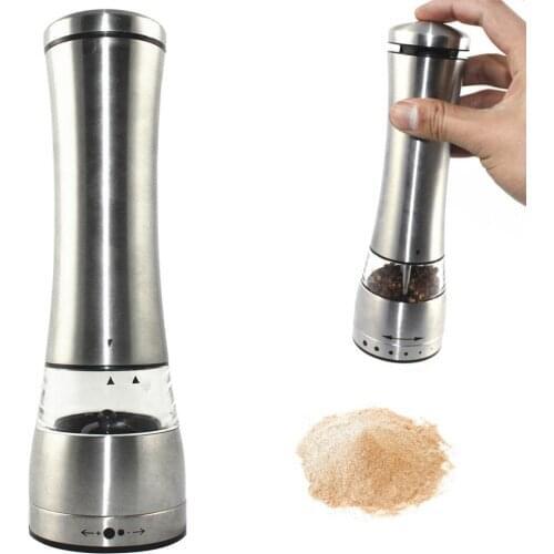 Silver Electric Salt Pepper Mills Grinder Spice Mill Battery Power with Adjustable Ceramic and LED Light for Cooking Tool