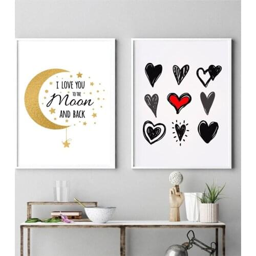 Cute Nursery Wall Art Canvas Painting Love You To The Moon And Back Poster Print Quote Picture for Kids Child Bedroom Home Decor