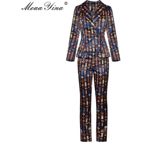 MoaaYina Fashion Designer Suit Autumn Winter Women Long sleeve Stripe Print Suit Tops+Trousers Two-piece set