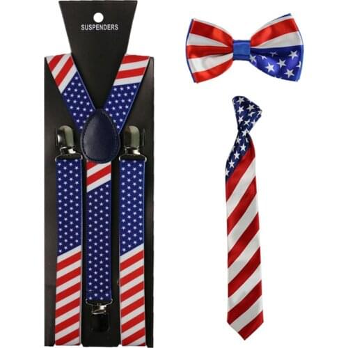 Fashion America Flag Pattern Suspenders Necktie And Bowtie Set Clip-on Elastic Y-Shape Back Braces Suspenders For Women Men
