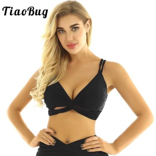TiaoBug Fashion Women Strappy Deep V Neck Removable Pads Bra Activewear Workout Fitness Yoga Gymnastics Ballet Tops Dance Wear