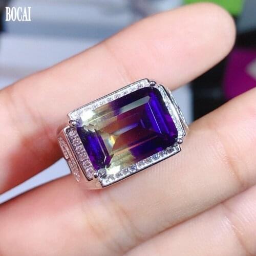 BOCAI 100% real s925 pure silver inlaid amethyst ring for man adjustable new fashion charming ring
