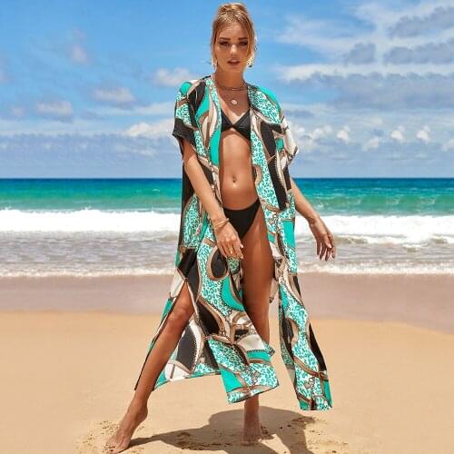 2021 New Chain Printed Beach Cover Up Women Bikini Cover Up Long Loose Beach Blouse Female Swimsuit Cover Up Outer Blouse Ladies