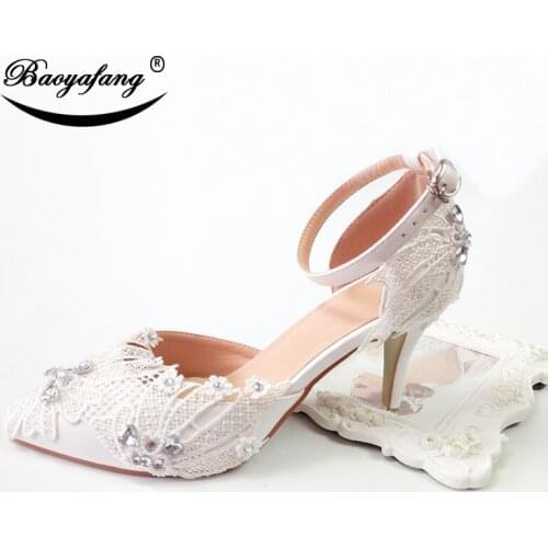 BaoYaFang new arrival 8cm thin heels shoes Woman ankle strap Buckle fashion shoes Sweet White Lace pointed toe Wedding shoes