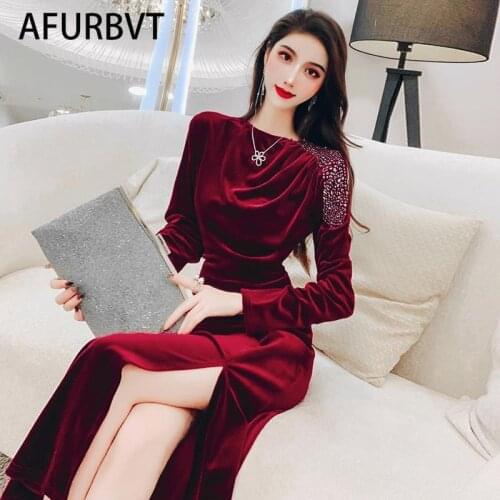 Slim Diamonds Side Split Golden Velvet Midi Length Evening Party Sexy Dress Women Long Sleeve Pleated Tight Elegant Long Dress
