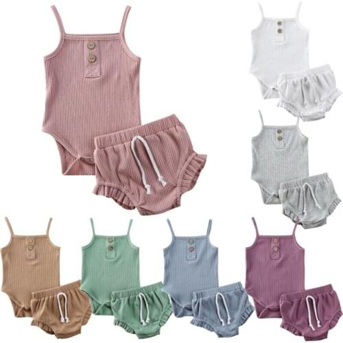 Toddler Baby Girls Clothes Pure Color Knitted Button Rompers Tops Shorts PP Pants Outfits 2PCS Summer Infant Baby Clothing