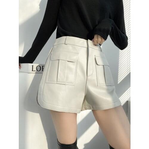Solid Brown Casual Straight Hot Pants Real Leather Short Pants Women Autumn Winter High Waist Natural Sheepskin Short Pants