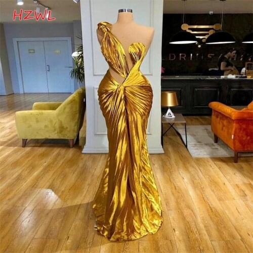 Gold Mermaid Prom Dresses 2021 Plus Size Ruffles Floor Length Evening Gowns Sexy One Shoulder Formal Party Dress Robe De Soiree